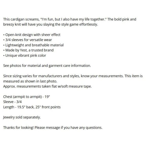 Yest Open Front Cardigan Sheer Design Womens Sz 6 Hot Pink Lightweight Layering - Picture 11 of 11